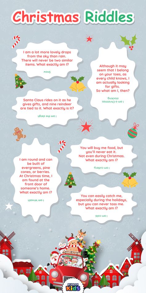 Christmas Riddles - Burban Kids: Raising Tomorrow's Leaders, Holistically. Christmas Riddles For Kids, Christmas Riddles, Speaking Cards, Christmas Tree And Santa, Three Wise Men, Love Eat, The Festival, Brain Teasers, Christmas Activities