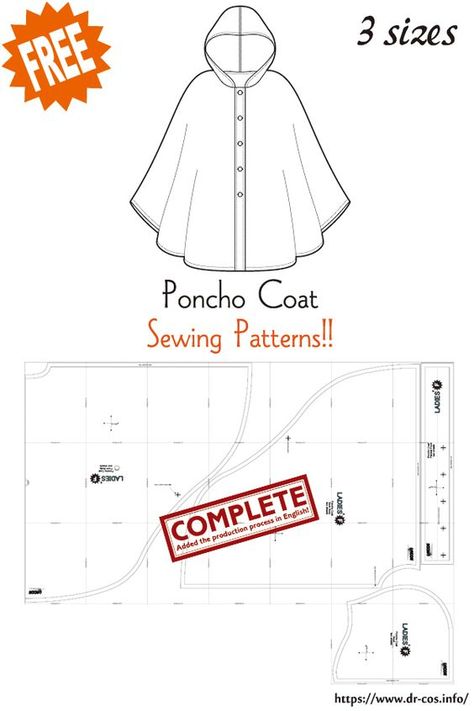 This is the pattern of Poncho Coat. inch size(letter size) Children's-F/Ladies'-F/Men's-F cm size(A4 size) Children's-120/Ladies'-F/Men's-F Added the number of fabric meters required for each size ❤️The production process is now uploaded to the site. Rain Coat Pattern Sewing, Diy Poncho Pattern Sewing, Poncho Coat Pattern, Diy Winter Coat, Cape Coat Pattern, Ice Wizard, Hooded Poncho Pattern, Mood Patterns, Poncho Pattern Sewing