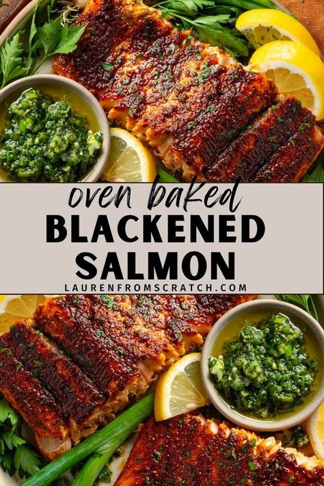 Make an extra flavorful salmon dinner with this Easy Blackened Salmon recipe! Perfect for those who love a good mix of spicy and savory, this dish is a crowd-pleaser. Learn how to create that perfect blackened crust, using a blend of Cajun spices. There's minimal prep, the oven does the work! Great for a quick dinner, it's ready in just 30 minutes, making it a practical yet impressive meal choice. Get more seafood recipes at LaurenFromScratch.com. Oven Blackened Salmon, Blackened Salmon Baked, Fast Supper Ideas, Baked Blackened Salmon, Blackened Salmon Recipes, Cajun Spices, Oven Salmon, Recipes From Scratch, New Orleans Recipes