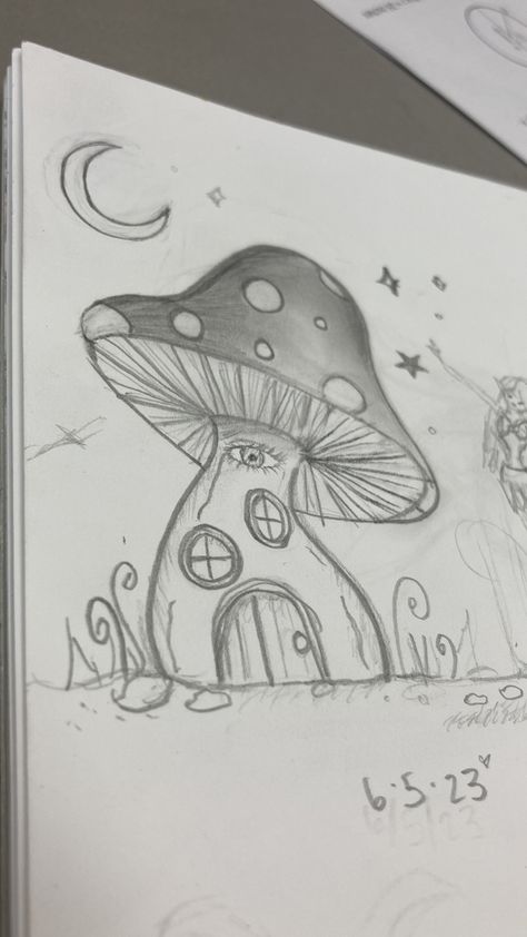 Small Indie Drawings, Simple Fantasy Drawing, Fantasy Sketches Pencil Easy, Fantasy World Drawing Easy, Fairy Core Drawings Easy, Easy Mythical Creatures To Draw, Easy Sketches Mushroom, Easy Fantasy Drawings, How To Draw A Fairy Easy