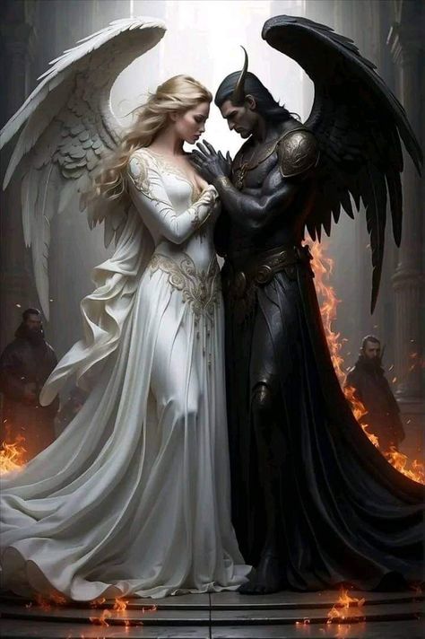 Demon With Wings, Angel And Demon Wings, Devil Angel, Devil And Angel, Angel Demon Love, Demon And Angel Love, Angels And Demons Couple, Angels And Demons Painting, Anime Angel And Demon Couple