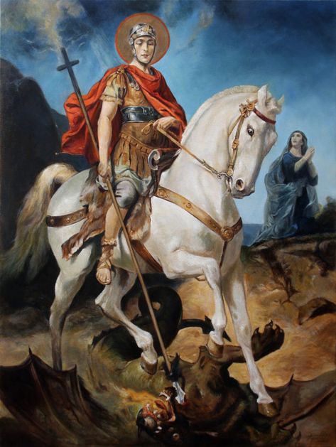 Fine Art - Saint George and the Dragon - Original Religious Oil Painting on Canvas by artist Darko Topalski Saint George And The Dragon, Orthodox Christian Icons, Saint George's, Saint George, Orthodox Icons, Sacred Art, Christian Art, Religious Art, The Dragon