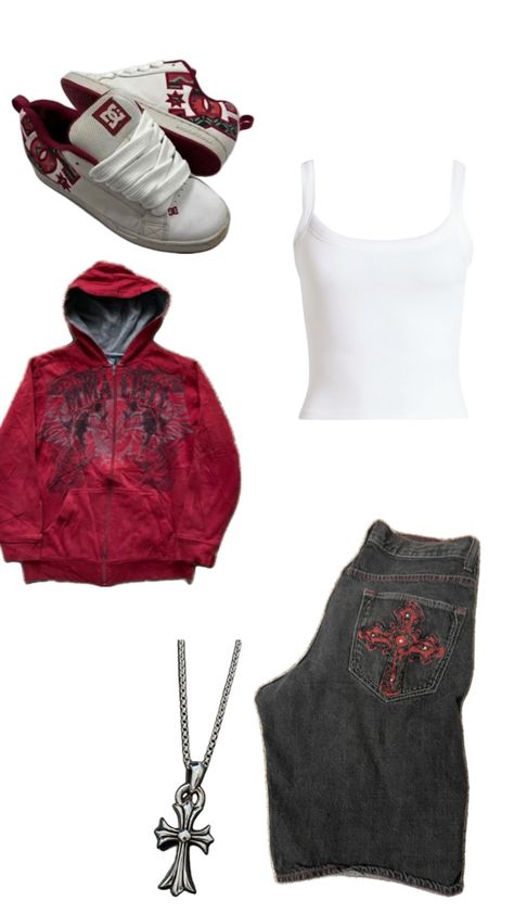 2024 y2k red zip up hoodie skull dc red and white shoes black graphic jorts with cross white tank top chrome hearts necklace #chromehearts #blackjorts #y2k #foryou Red Hoodie Outfit, Red And White Shoes, Dc Shoes Girls, Chrome Hearts Necklace, Red Top Outfit, Red Zip Up Hoodie, Grunge Fits, Outfit Inspo Casual, Hearts Necklace