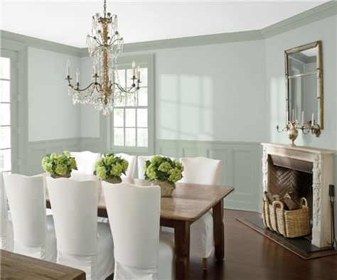 Look at the paint color combination I created with Benjamin Moore. Via @benjamin_moore. Wall: Tranquility AF-490; Trim & Wainscot: Flora AF-470; Ceiling: Distant Gray 2124-70. Quiet Moments Benjamin Moore, Green Painted Walls, Benjamin Moore Gray, Dining Room Paint Colors, Blue Green Paints, Color Combinations Paint, Blue Gray Paint, Dining Room Paint, Best White Paint