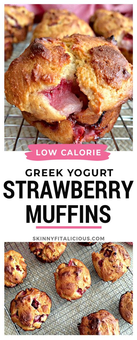 Healthy Strawberry Greek Yogurt Muffins! 84 calories and made with nourishing ingredients. #healthy #strawberry #muffin #Greekyogurt #lowcalorie #glutenfree Super Healthy Muffin Recipes, Things To Do With Vanilla Greek Yogurt, Greek Yogurt Breakfast Muffins, Healthy Muffins Strawberry, Healthy Baking Low Calorie, Strawberry Yogurt Recipes Ideas, Healthy Strawberry Desserts Clean Eating, Healthy Muffins Low Calorie, Yogurt Based Recipes