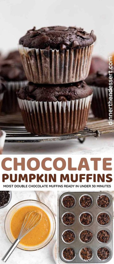 Healthy Chocolate Muffins, Pumpkin Muffins Recipe, Mini Pumpkin Muffins, Chocolate Pumpkin Muffins, Baking Fails, Double Chocolate Chip Muffins, Whole Wheat Muffins, Dinner Then Dessert, Pumpkin Brownies