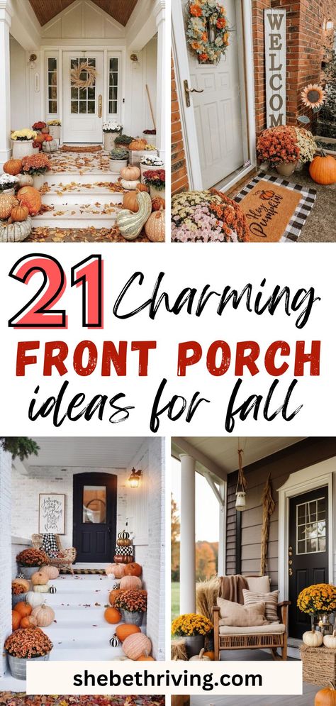 25 Cozy Fall Front Porch Decor Ideas You'll Definitely Love - She Be Thriving Fall Outside Decor Front Porches Cozy, Simple Autumn Porch Decor, Fall Front Porch Decor Grey House, Fall Decor Front Door Ideas, Autumnal Porch Decor, Outdoor Bench Fall Decor Ideas, Modern Farmhouse Fall Porch Decor, Cute Fall Porch Decor Ideas, Townhouse Fall Decor Outside