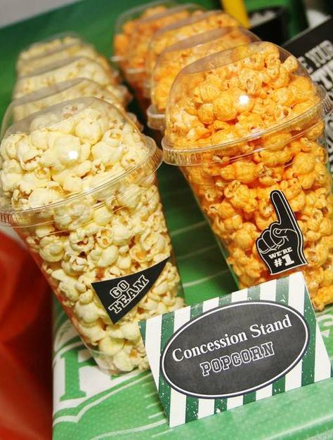 Popcorn cups at a football birthday party!  See more party planning ideas at CatchMyParty.com! Sport Ideas, Popcorn Cups, Concession Stands, Football Baby Shower, Sports Theme Birthday, Sports Birthday Party, Football Theme Party, Football Birthday Party, Sports Food