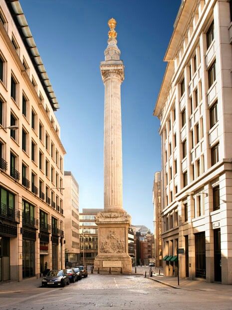 The Monument to the Great Fire of London, is a stone Roman Doric column in London at the place Great Fire started on 2 September 1666. The Great Fire Of London, Great Fire Of London, I Love London, The Great Fire, Trip To London, London Landmarks, Famous Buildings, Love London, London Places