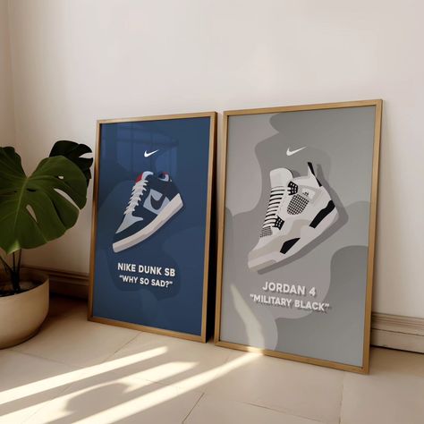 Our Sneaker Posters are created with passion and attention to detail. 🩵 Perfect for the real Sneaker Lovers. 👟 Left/Nike Dunk SB "Why so sad?" Right/Nike Jordan 4 Military Black #posters #poster #print #sneakers #sneaker #sneakerhead #sneakerposters #wallart #decoration #roomdecoration Nike Jordan 4, Black Posters, Jordan Poster, Sneaker Posters, Inspo Fits, Dorm Inspo, Sneaker Lovers, Apartment Decor Inspiration, Print Sneakers