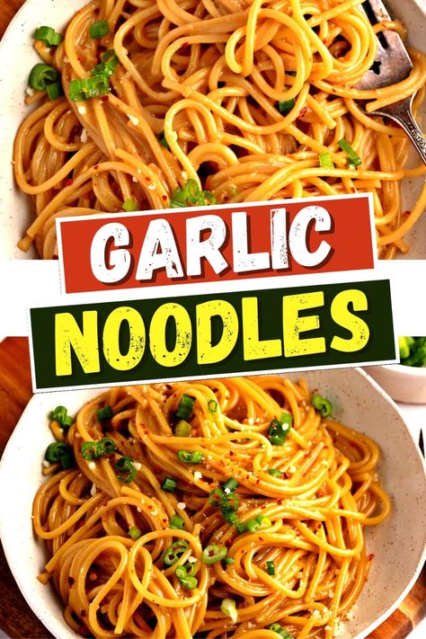 These garlic noodles are so good, you'll want to make them all the time! They're spicy, savory, and so full of delicious flavor. Garlic Noodles Recipe Asian, Spicy Garlic Noodles, Garlic Noodle, Pizza Dishes, Udon Noodles Recipe, Garlic Noodles Recipe, Rice Noodle Recipes, Dry Noodles, Fettuccine Noodles