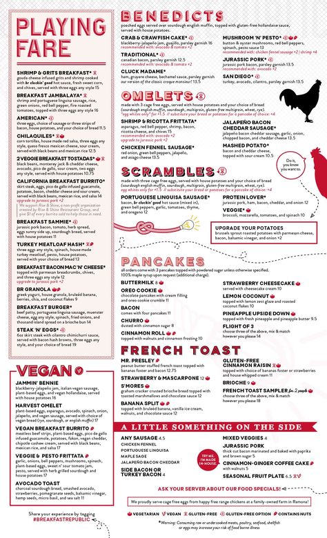 Menu from Breakfast Republic in San Diego. Must try to remake the Chilaquiles at home. SO GOOD. European Menu Design, Breakfast Menu Design, Happy Hobbies, Ricotta Frittata, Chicken Fennel, Grits Breakfast, Menu Breakfast, Asiago Chicken, Tomato Breakfast