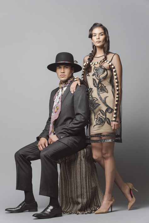 Models Martin Sensmeier and Jade Whillouby wear clothing from Los Angeles designer Bethany Yellowtail's b.yellowtail line from spring 2015. Native American Dress Modern, Indigenous Modern Fashion, Native American Clothing Modern, Native American Modern Fashion, Native Fashion Modern, Modern Indigenous Fashion, Modern Native American Fashion, Jade Willoughby, Bethany Yellowtail