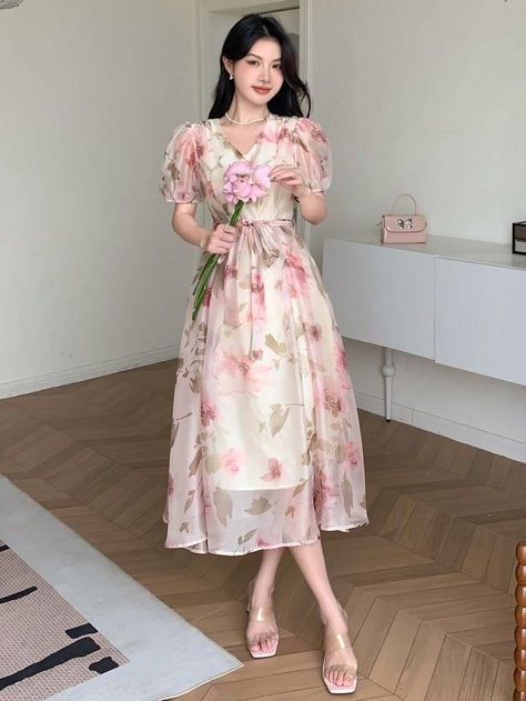 Women Floral Dress, Garden Tea Party Dress, Chiffon Floral Dress Summer, Frocks For Women Knee Length, Casual Summer Dresses Knee Length, Floral Chiffon Dress Short, Cotton Frocks For Women, Elegant Chiffon Dress, Modest Floral Dress