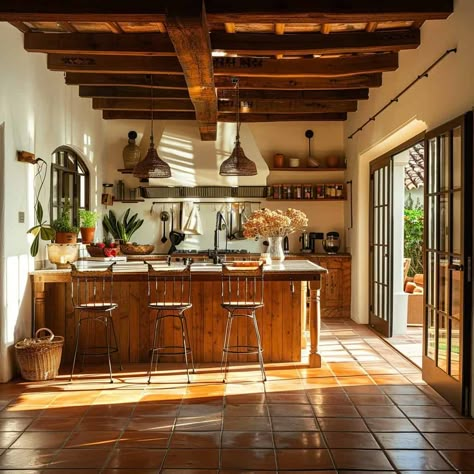 Spanish Contemporary Kitchen, Southwestern Decorating Kitchen, Kitchen Spanish Style, Contemporary Spanish Interiors, Cafe Style Kitchen, Rustic Mediterranean Kitchen, Modern Spanish Style Kitchen, Mexican Hacienda Kitchen, Spanish Inspired Kitchen