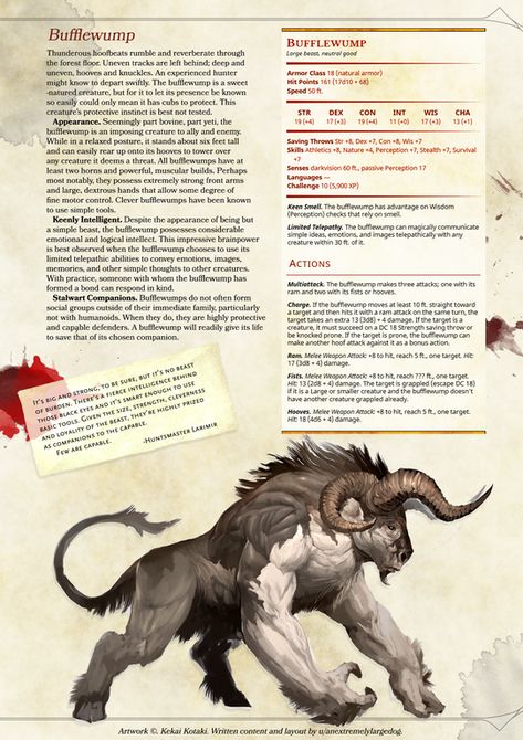 New from AnExtremelyLargeDog: The Bufflewump! A big, friendly, huggable beast that can guide the kind, defend its woodland home, or be the beefed-up pet your high-level Beastmaster really needs. : UnearthedArcana Dnd Stats, Mythical Monsters, Dnd Races, Dungeons And Dragons 5e, Dungeons And Dragons Classes, Dnd 5e Homebrew, Dnd Dragons, D D Monsters, Dungeons And Dragons Game