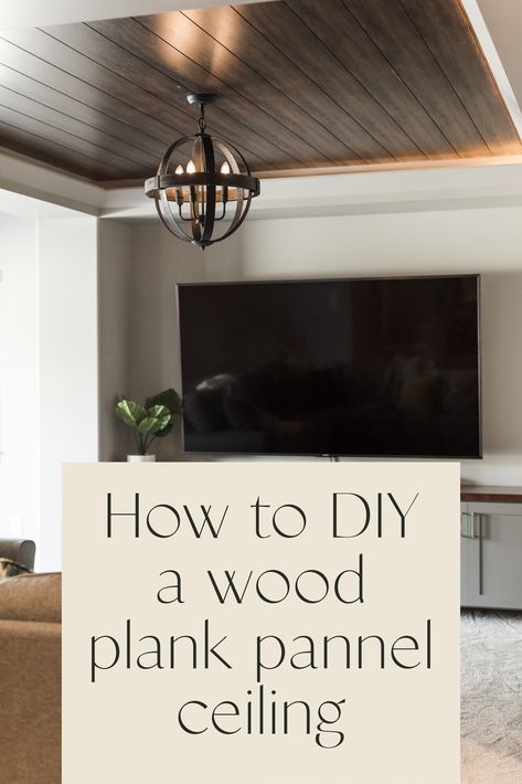 Pickled Ceiling Planks, How To Install Wood Plank Ceiling, Wooden Planks On Ceiling, Wood Ceiling Dark Walls, Accent Ceiling Kitchen, Plywood Plank Ceiling, Plank Ceiling Entryway, Vinyl Ceiling Ideas, Wood Plank Tray Ceiling