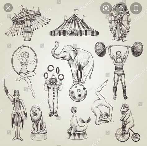 Circus Tent Drawing, Cirque Vintage, Circus Tattoo, Circus Illustration, Circus Vintage, Circus Characters, Theme Tattoo, Circus Animals, Circus Art