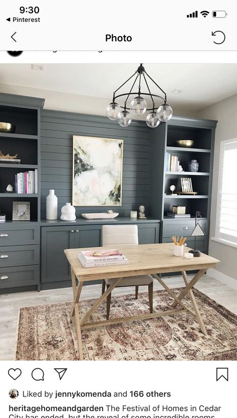 Knoxville grey Benjamin Moore paint color Office Cabinet Design, Ruang Tv, Home Office Cabinets, Farmhouse Office, Office Remodel, Design Blogs, Design Websites, Modern Home Office, Creative Home Decor