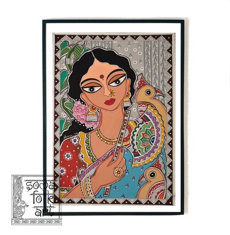 Madhubani Lady Painting, Madhubani Lady, Mexican Bohemian, Coloured Walls, Abs Art, Colourful Home Decor, Indian Wall Decor, Painting Indian, Parrot Painting