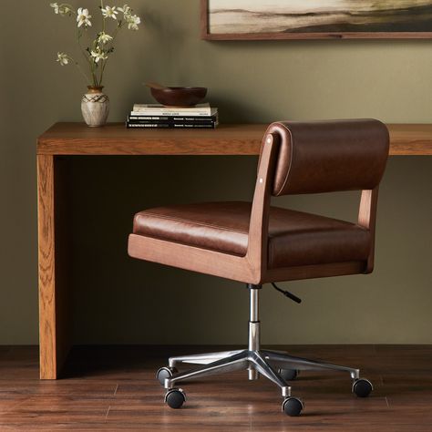 An armless top-grain leather seat and bolster pair with a wooden frame for an understated modern look with a hint of midcentury influence. Collection: AllstonColors: Polished Aluminum ,Sonoma Coco ,Umber AshMaterials: Aluminum ,Top Grain Leather ,Solid AshOverall Dimensions: 21"W x 25.50"L x 31"H Weight: 34.04 lbsSeat Depth: 19"Seat Construction: Wooden Platform, S-SpringAdjustable: YesAdjustable Seat Height - Max: 22.75"Adjustable Seat Height - Min: 19.50" Wooden Office Chair, Modern Desk Chair, Study Chair, Leather Desk, Desk Chairs, Office Desk Chair, Four Hands, Task Chair, Furniture Removal