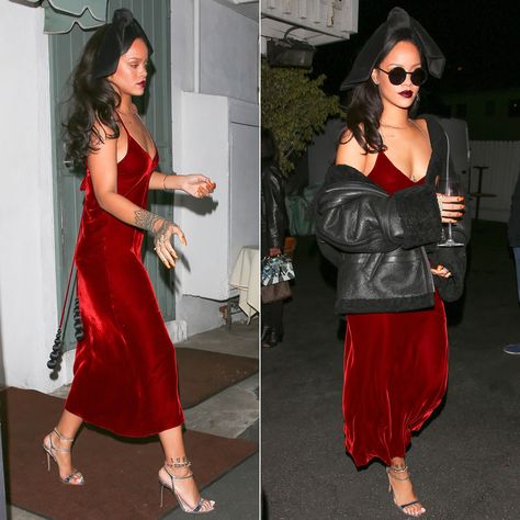 Velvet Slip Dress Outfit, Red Velvet Dress Outfit, Slip Dress Outfit Night, Rihanna Red Dress, Velvet Outfit Ideas, Velvet Dresses Outfit, Rihanna Dress, Velvet Outfit, Long Velvet Dress