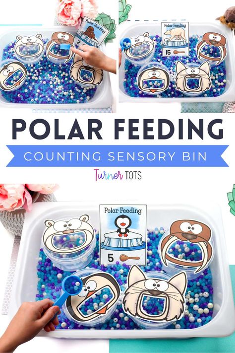 Snow Math Preschool, Artic Animals Preschool Math Activities, January Sensory Table, Polar Bear Process Art, Polar Animal Sensory Bin, Animal Themed Sensory Bin, Winter Preschool Sensory Bin, Artic Sensory Table, Toddler Winter Animal Activities