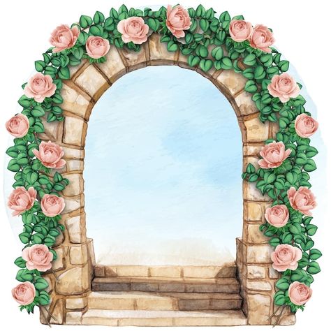 Floral Arch Illustration, Flower Arch Drawing, Flower Arch Illustration, Sliding Porch Gate Diy, Diy Fence Gate, Arch Illustration, Wedding Card Frames, Climbing Flowers, Floral Cards Design