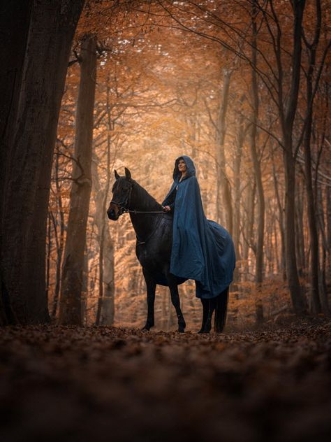 Woman in cloak riding horse in forest by Nature by Louise © Trevillion Images. Woman In Cloak, Horse In Forest, Horseback Riding Aesthetic, Horse Photoshoot Ideas, Horse Background, Woman Riding Horse, Medieval Horse, Horse Photography Poses, Horse Riding Aesthetic