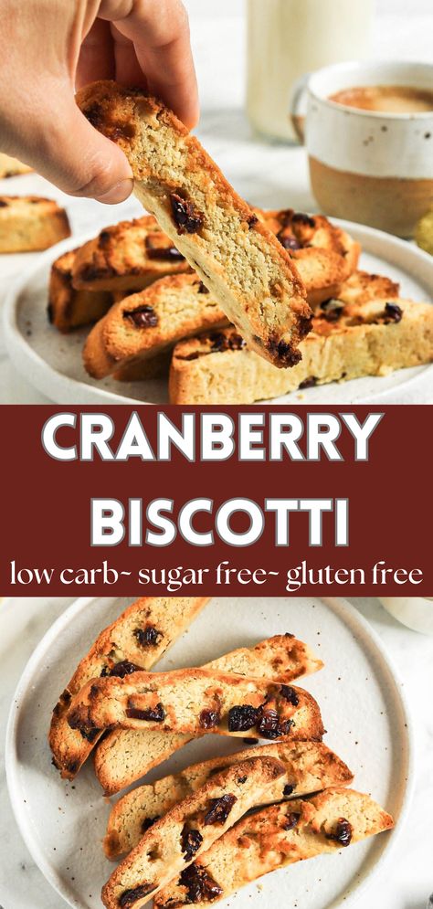 Cranberry biscotti is perfect for a breakfast or snack and for dunking in your coffee. It's light, sugar free, gluten free, low carb and so delicious! Low Calorie Biscotti, Sugar Free Biscotti Recipe, Keto Biscotti Recipe, Low Carb Biscotti, Healthy Biscotti Recipe, Gluten Free Biscotti Recipe, Cranberry Biscotti Recipe, Keto Biscotti, Gluten Free Biscotti