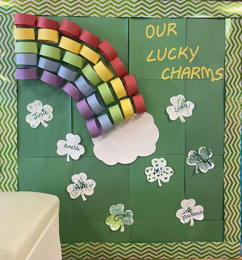 rainbow bulletin board for st. patricks day with the text “our lucky charms” St Patty Day Bulletin Board, Lucky Bulletin Board Ideas, Lucky Charms Bulletin Board Ideas, Lucky Charms Decorations, Leprechaun Bulletin Board Ideas, St Patricks Day Bulliten Board Ideas, Lucky Charms Bulletin Board, Senior Traditions, Easter Bulletin Boards