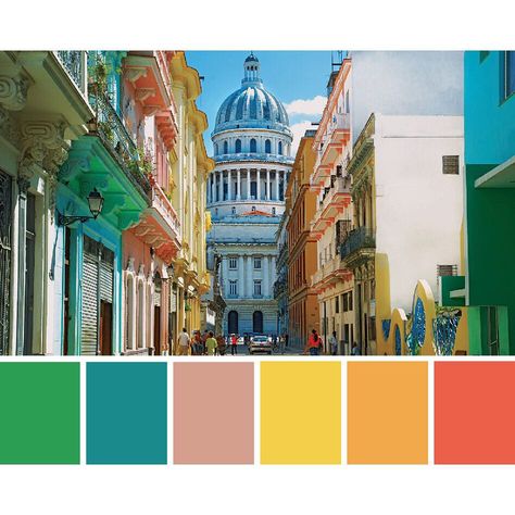 DecoratorsBest on Instagram: “Picturesque Havana is today's #bloginspo - we created this bright, tropical palette based on the colors in the street. Can't wait to see…” Cuban Color Palette Havana Cuba, Cuba Inspired Decor, Havana Nights Color Palette, Cuban Decor Havana Nights, Caribbean Colour Palette, Cuban Color Palette, Cuba Color Palette, Latin Color Palette, Havana Color Palette