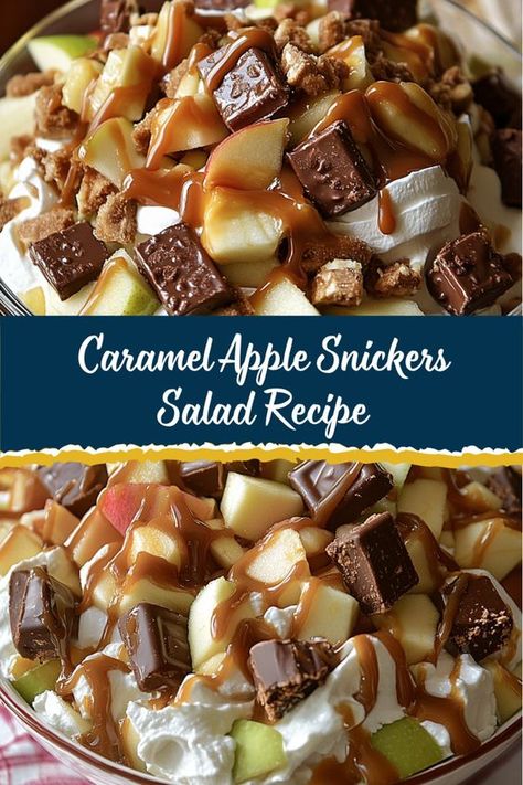 Indulge in the perfect combination of crunchy, sweet, and creamy with this Caramel Apple Snickers Salad. This delightful dessert salad is quick to prepare and is sure to be a crowd-pleaser at any gathering! Snickers Salad Recipe, Apple Snickers Salad, Snickers Caramel Apple Salad, Snickers Dessert, Caramel Apple Salad, Caramel Apple Desserts, Snicker Apple Salad, Snickers Salad, Apple Salad Recipes