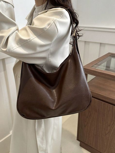 Coffee Brown Casual,Elegant,Preppy,Vintage Collar  PU Leather Plain Hobo Bag Embellished   Women Bags Hobo Bag Outfit, Vintage Brown Bag, Brown Tote Bags, Office Bags For Women, Shoulder Bag Aesthetic, Dark Brown Leather Bag, Mom Purses, Purse Aesthetic, Elegant Preppy