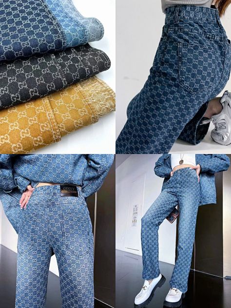 Gucci Denim Pants, Luxury Monogram, Denim Fabrics, Gucci Denim, Gucci Jeans, Designer Jackets, Gucci Designer, Gucci Monogram, Inspirational Books To Read