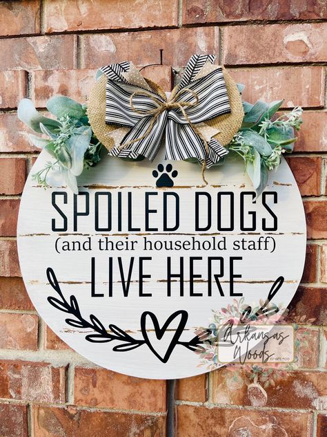 IYKYK...am I right?!?!  >>You and your sweet spoiled pups are needing this aDOORable (yet so true!) door hanger! Designed in the popular faux-shiplap style, this door hanger is large in size and comes complete with gorgeous wording along with beautiful greenery and cotton, and topped with a bow!  >>This door hanger is PERFECT as a birthday or housewarming gift for your favorite dog mom or pet parent, or just to spoil yourself & your pup!  >>Select your size to best meet your needs! 18 inch round or 22 inch round.  >>All of our door hangers are hand designed/cut and made with a high quality 1/2 inch thick MDF wood. This wood will not warp or splinter with time or weather unlike other woods such as plywood. These are perfect for indoor/outdoor usage! Additionally, ALL of our door hangers are Dog Door Hanger Signs, Dog Round Door Hanger, Dachshund Door Hanger, Dog Door Signs, Dog Door Hangers Wooden, Dog Door Sign, Dog Door Hangers, Popular Door Hangers, Dog Signs For Home Front Doors