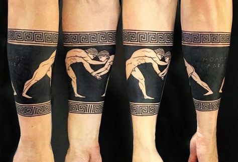 Greek Tattoos For Men Mythology, Archaeology Inspired Tattoos, Greek Mural Tattoo, Greek Meander Tattoo, Ancient Greek Art Tattoo, Roman Theme Tattoo, Greek Pottery Tattoo, Traditional Greek Tattoo, Grecian Tattoo