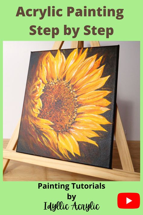 Large Flower Paintings Acrylics, Sunflowers To Paint, Step By Step Sunflower Painting, Paint A Sunflower Step By Step, Sunflower Painting Tutorial, Large Flower Paintings On Canvas, Art Sunflower Painting, Painting Sunflowers Acrylics, Diy Sunflower Painting