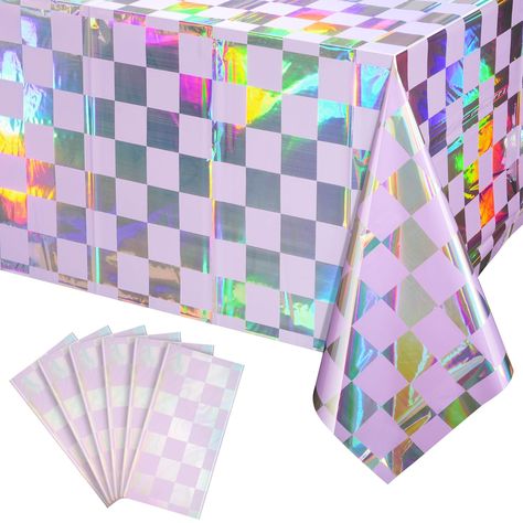 PRICES MAY VARY. Package Includes: You will receive 6 iridescent checker plastic tablecloths. Each iridescent table cover measures approx 54 x 108 inches, fits any rectangular table up to 8 feet in length, suitable for party decoration. Shimmery Laser Checker Tablecloth: The light purple table cloths for parties feature a shiny holographic design, and it shows different color effects under different light, all very beautiful and shiny, which will be a highlight of your party and make the party a Iridescent Party Decorations, Purple Tablecloth, Purple Party Decorations, Iridescent Party, Table Cloth Decorations, Purple Table, Checkered Tablecloth, Woman Birthday Party, Purple Party