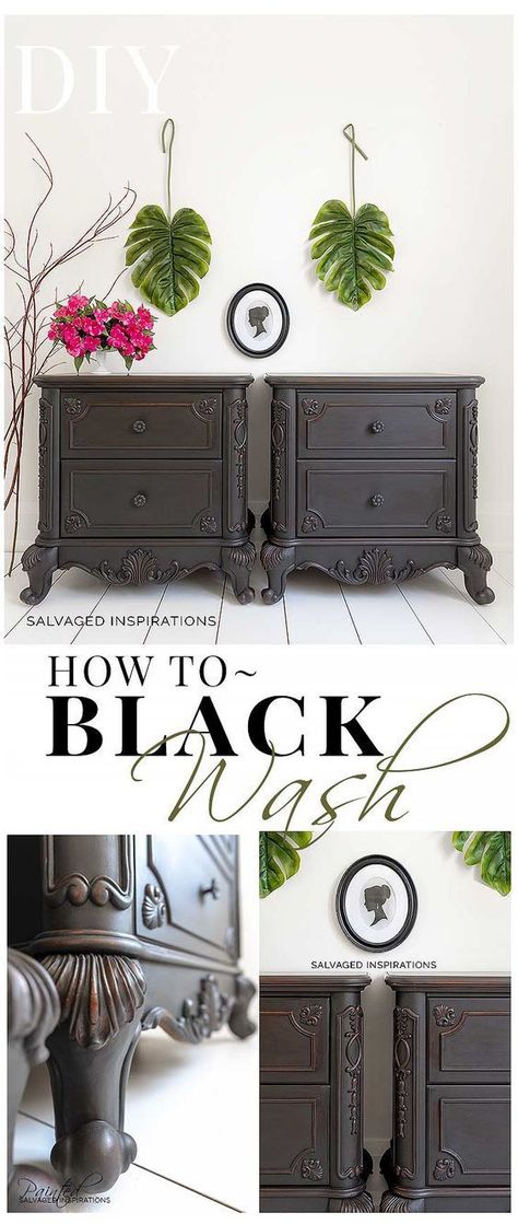 Black Wash Furniture, Painted Nightstand, Black Painted Furniture, Nightstand Makeover, Painted Night Stands, Salvaged Inspirations, Furniture Black, Smart Tiles, Chalk Painting