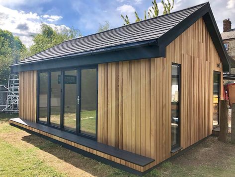 Summer House Roof Ideas, Garden Room Pitched Roof, Pitched Roof Garden Room, Garden Gyms, Brick Shed, Shed Design Plans, Garden Gym, Pitch Roof, Woodland Cabin