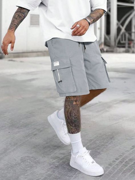 Light Grey Street Collar  Woven Fabric Letter Straight Leg Embellished Non-Stretch  Men Clothing Cargo Shorts Outfit, Men's Summer Outfit, Mens Shorts Outfits, Mens Summer Outfits, Outfits Hombre, Drawstring Waist Shorts, Shorts Cargo, Mens Cargo, Cargo Shorts Men