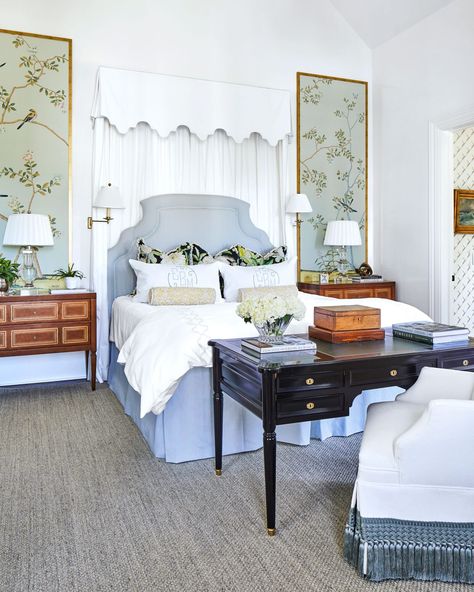 2020 Showcase House Master Bedroom Chinoiserie Wallpaper Panels, Traditional Bedroom Design, Tan Sofa, Gorgeous Bedrooms, Chinoiserie Wallpaper, Traditional Bedroom, Apartment Inspiration, Historic Home, Big Girl