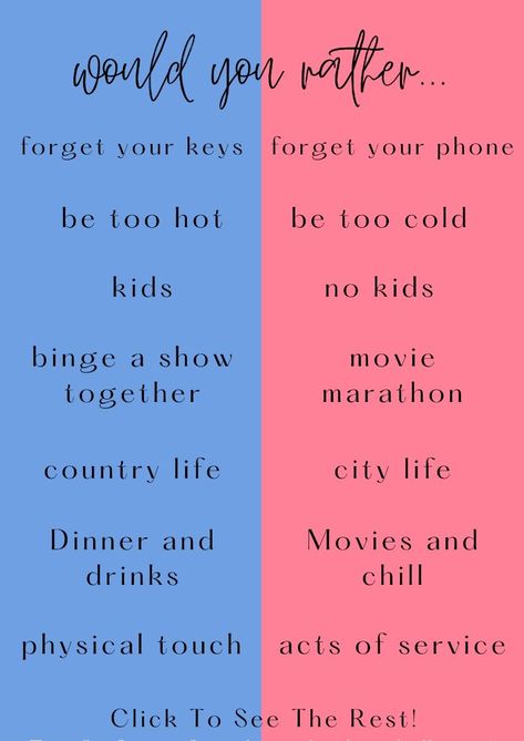 Play a fun and flirty game of would you rather with your partner. These would you rather questions for couples are great to ask your boyfriend, girlfriend, husband or wife. Ask each other these funny and hilarious questions...these deep and personal questions...and some flirty would you rather questions.💕#LoveStory #RomanticEncounters #HeartfeltConnections #DateNightIdeas #SoulmateSearch #FlirtyFridays #CandlelitDinners #StarryEyedMoments #LoveQuotes #DreamyDates #WhisperedPromises #AmourAdventures Couples Question Game, Fun Couple Questions, Hilarious Questions, Question Games For Couples, Free Date Ideas, 30 Day Writing Challenge, Fun Sleepover Games, Would You Rather Game, Flirty Questions