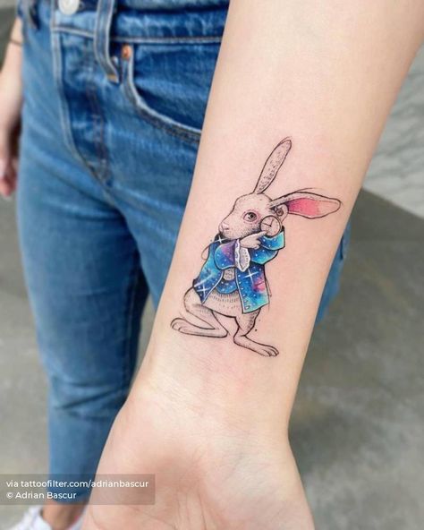 White Rabbit Tattoo, Tattoo On The Wrist, Alice And Wonderland Tattoos, Rabbit Tattoo, Bookish Tattoos, Wonderland Tattoo, Witch Tattoo, Sibling Tattoos, Rabbit Tattoos