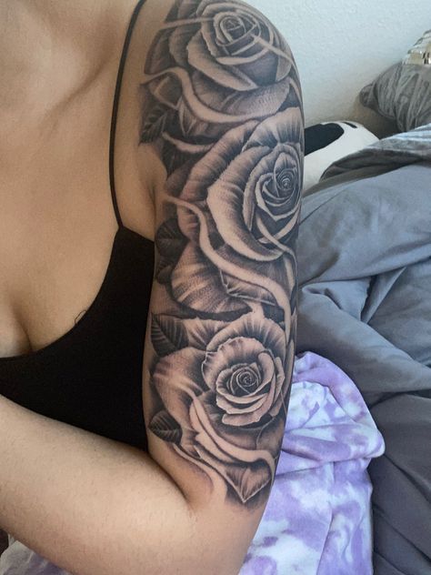 Rose Arm Tattoo Design, Money Rose Sleeve Tattoo, Red Roses Shoulder Tattoo, Rose Quarter Sleeve Tattoo, Roses With Banner Tattoo, Rose Upper Arm Tattoos For Women, Sleeve Tattoos Roses, Rose Upper Arm Tattoo, Tattoos For Black Skin Women Shoulder