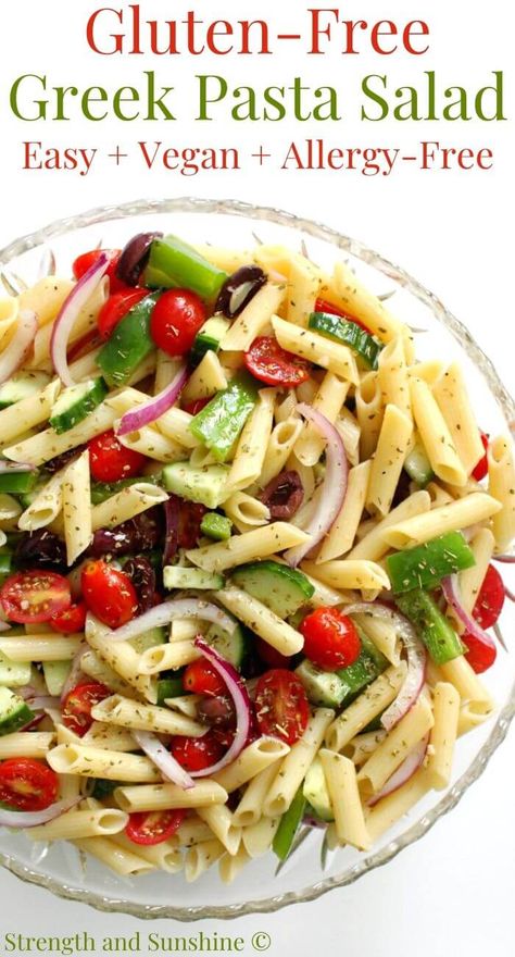 Gluten-Free Greek Pasta Salad (Vegan, Allergy-Free) | Strength and Sunshine | This easy Gluten-Free Greek Pasta Salad is vegan, dairy-free, allergy-free, loaded with fresh crunchy veggies, & a homemade greek vinaigrette! A healthy Mediterranean cold side dish recipe that takes the ingredients of a classic Greek salad, juicy tomatoes, crisp cucumbers, kalamata olives, red onion, green pepper, & adds pasta! #greeksalad #pastasalad #mediterranean #salad #sidedish #glutenfreepasta #vegansidedish Gluten Free Greek Pasta Salad, Gluten Free Greek Salad, Pasta Salad Recipes Gluten Free Dairy Free, Gluten Free Pesto Pasta Salad, Mediterranean Recipes Dairy Free, Anti Inflammation Pasta Salad, Vegan Greek Pasta Salad, Vegan Mediterranean Pasta Salad, Gluten Free Dairy Free Greek Recipes