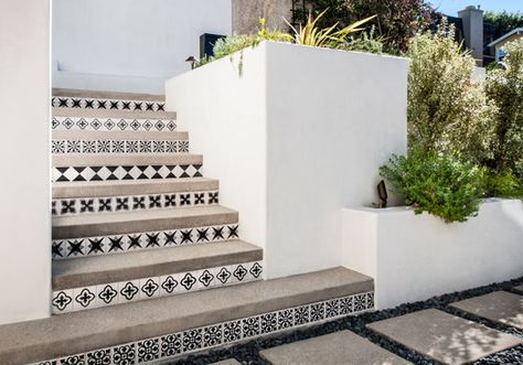 Add Elegance to Your Patio with Black and White Cement Tiles - Granada Tile Cement Tile Blog | Tile Ideas, Tips and More Cement Outdoor, Tile Steps, Bar Exterior, Exterior Tiles, Porch Tile, Exterior Wall Tiles, Escalier Design, Garden Tiles, Tile Stairs