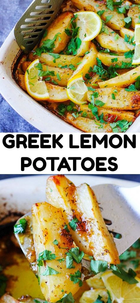 This Greek Lemon Potatoes recipe uses the best russet Idaho® Potatoes that are roasted in a very flavorful liquid made from chicken broth, extra virgin olive oil, fresh lemon juice, garlic and dry oregano. This is a perfect side dish for the Easter holiday or even a quiet night of Greek food at home. #AD @idahopotato Ancient Greek Food, Dry Oregano, Greek Lemon Potatoes, Greek Dinners, Resep Salad, Lemon Potatoes, Idaho Potatoes, Resep Diet, Food At Home