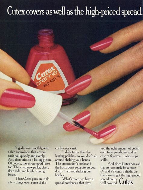 Cutex Nail Polish Ad 1950s Nails, Vintage Nail Polish, 80s Nails, Rose Nail Polish, Vintage Makeup Ads, Popular Nail Colors, Emerald Nails, Retro Makeup, Vintage Nails